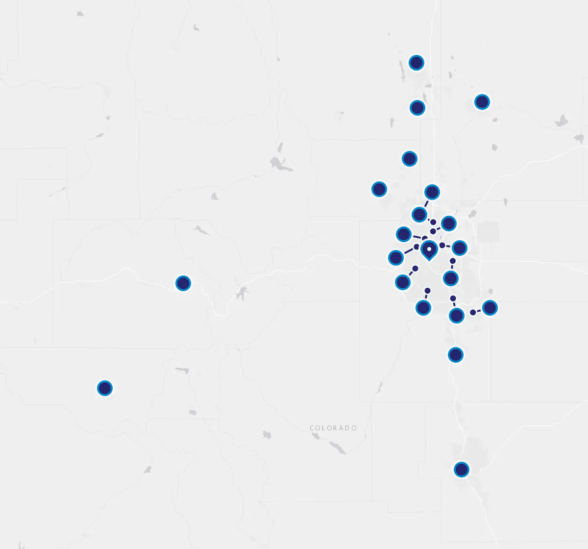 A still of the map's opening view over Colorado, with a pin at each city in view and our office in Denver.