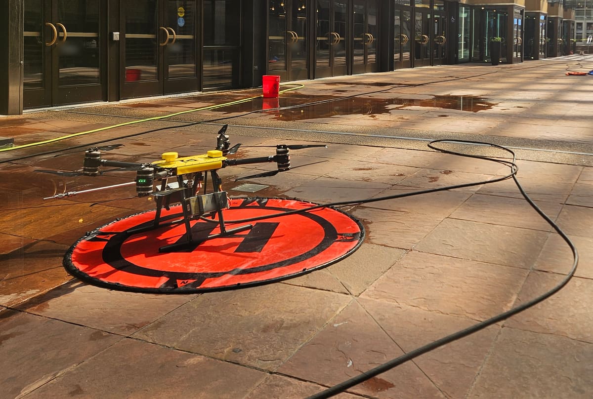 A yellow-top cleaning drone sits on an orange landing pad on wet stone pavers in front of a row of glass doors, its black hose looping away across the floor.