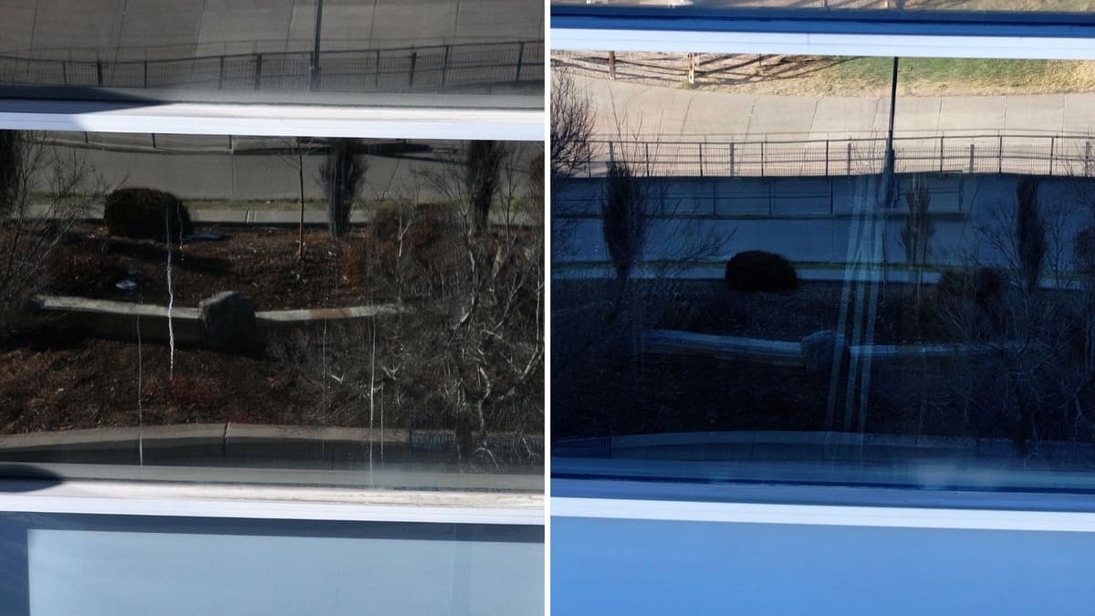 Two photos side by side of a window above a white sill: on the left, in sun, thin white drip streaks run down the glass and grime lines the sill; on the right, closer and in shade, the drips are gone and the sill is white.