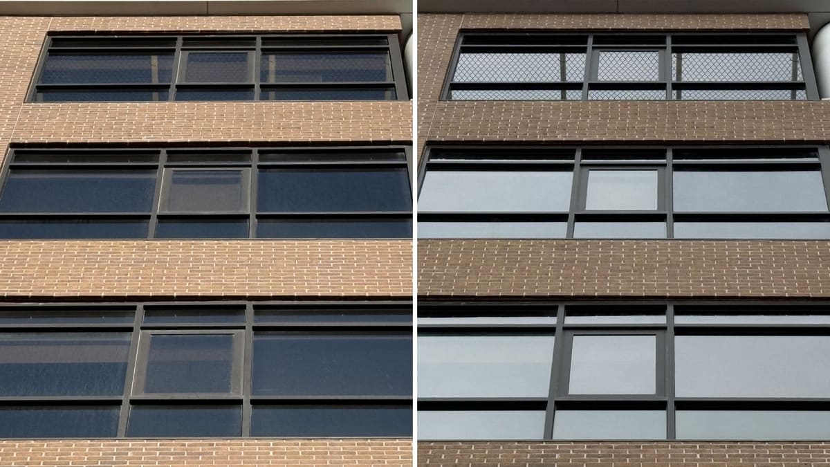 Two photos side by side of the same three rows of windows set in tan brick: on the left the dark glass is dull and mottled with mineral haze; on the right, after cleaning, every pane is clear and evenly reflects the sky.