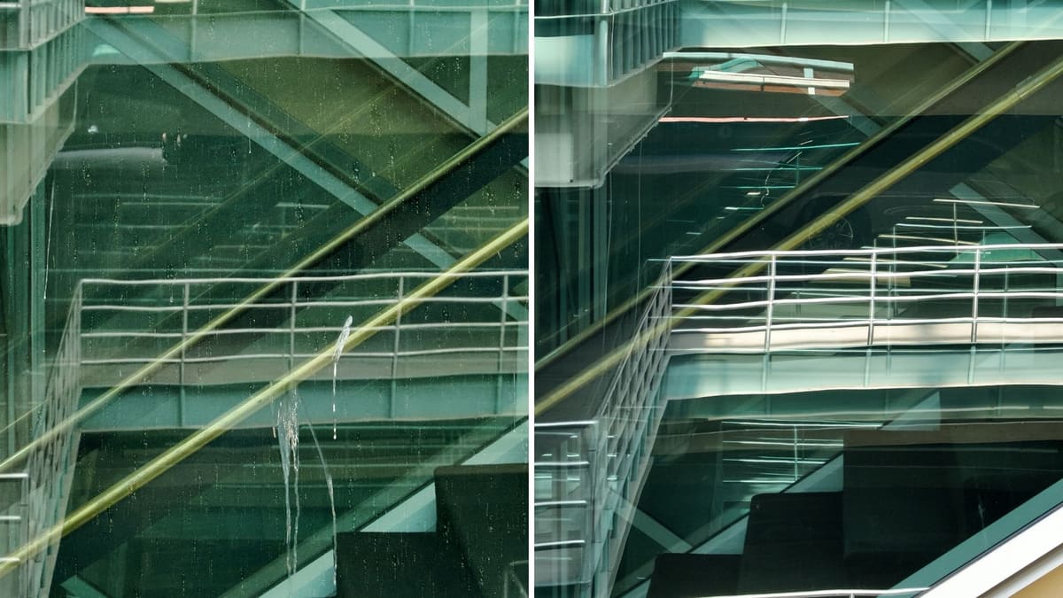 Two photos side by side of tinted glass in front of a stairwell and its railings: on the left, white bird droppings streak down the pane and small spots dot the glass; on the right, from a slightly different angle, the streaks and spots are gone.