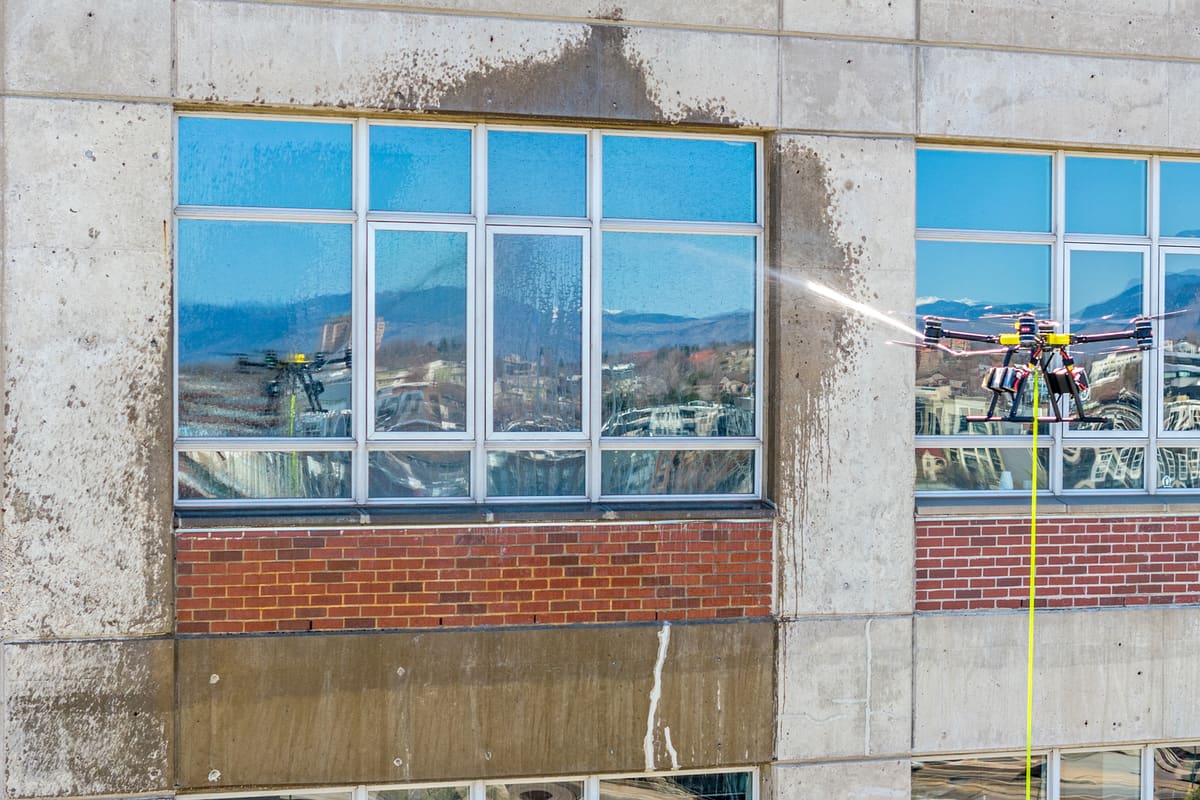 A yellow-top cleaning drone on its lime-green hose jets a concrete pier between windows that reflect the mountains; the dark marks on the concrete are fresh spray.