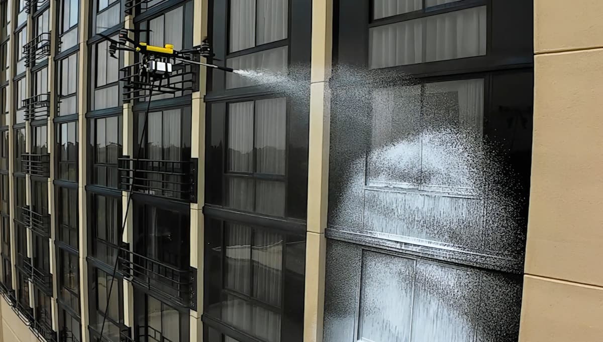 A yellow cleaning drone fans white foam over a bronze-framed facade with iron balconettes.